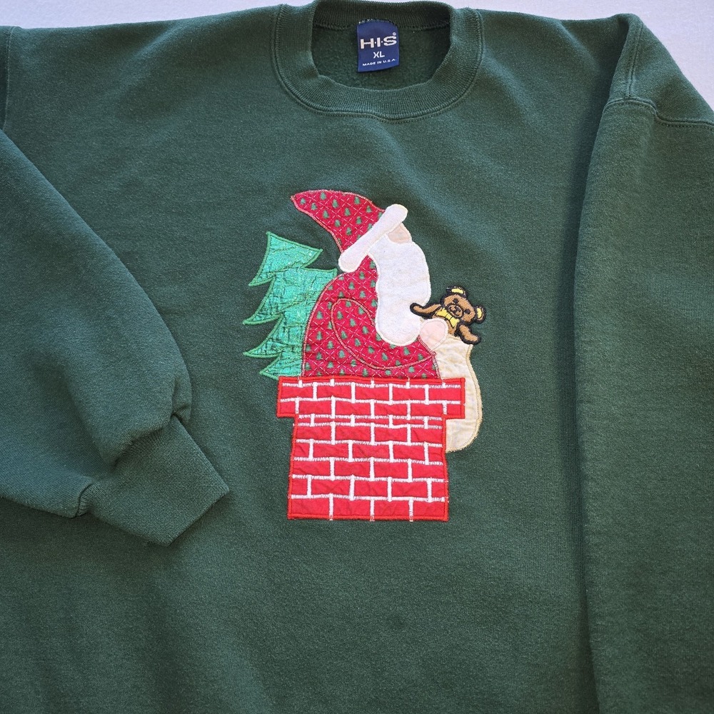 VTG 90s HIS Christmas Sweatshirt XL Green Santa Chimney Ugly Sweater Made in USA
